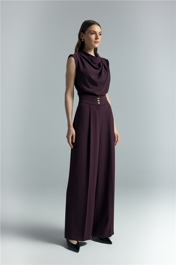 Talia Düğme Detaylı Pantolon - Mürdüm