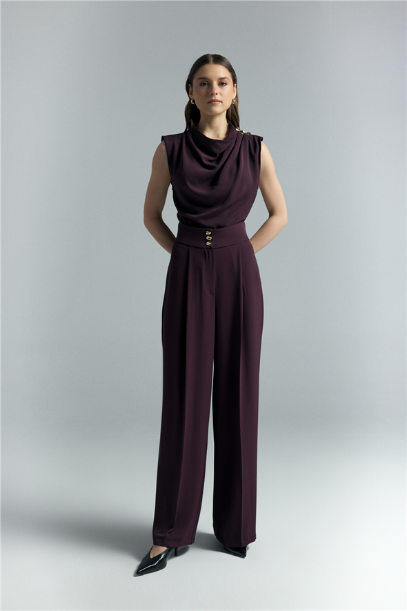 Talia Düğme Detaylı Pantolon - Mürdüm