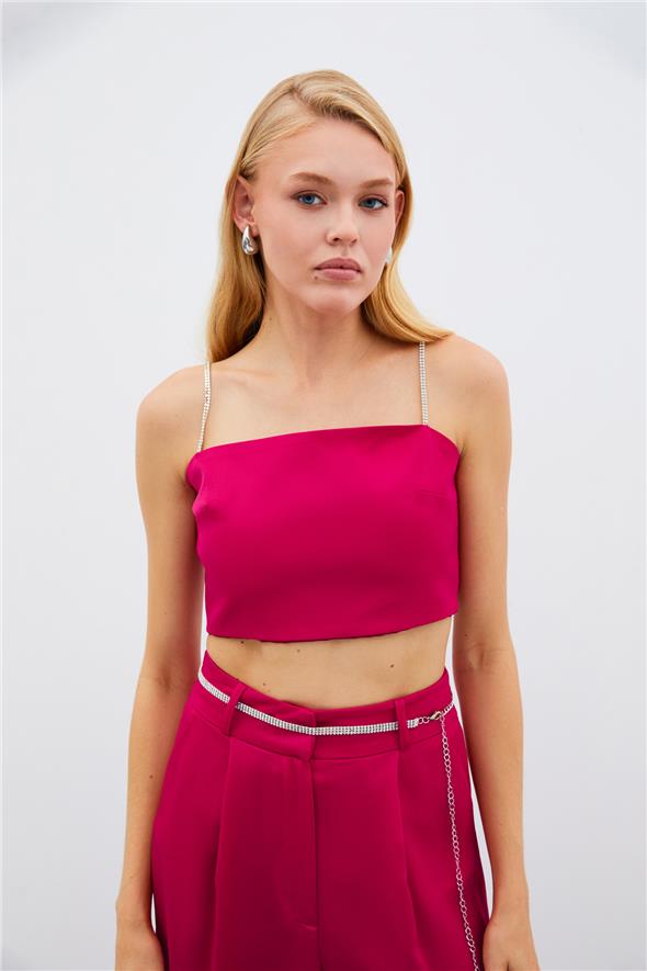 Taş Askılı Saten Crop Bluz - Mercan