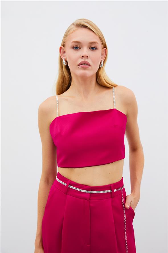 Taş Askılı Saten Crop Bluz - Mercan