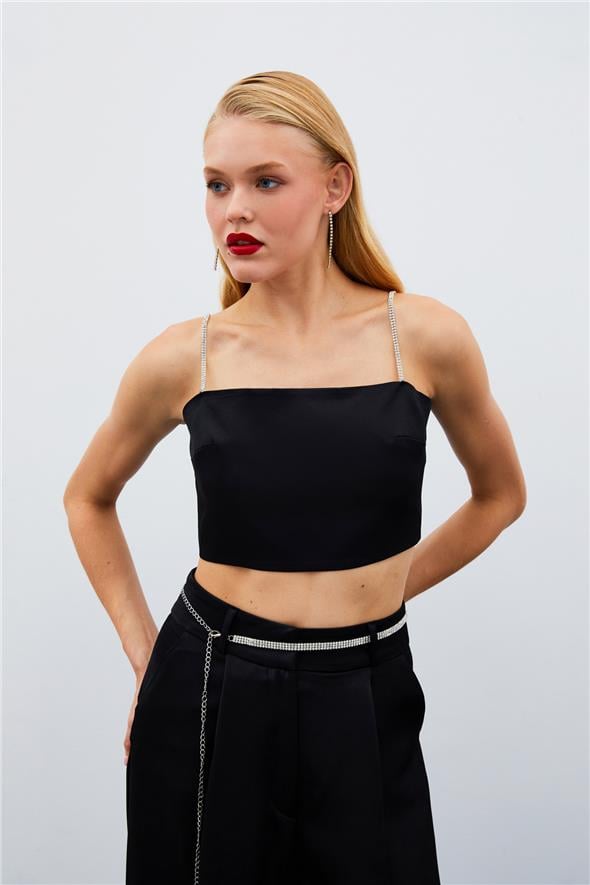 Taş Askılı Saten Crop Bluz - Siyah