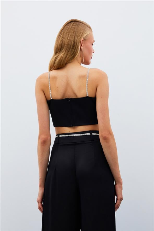 Taş Askılı Saten Crop Bluz - Siyah