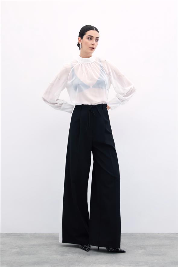 Taş Detaylı Transparan Bluz - Ekru