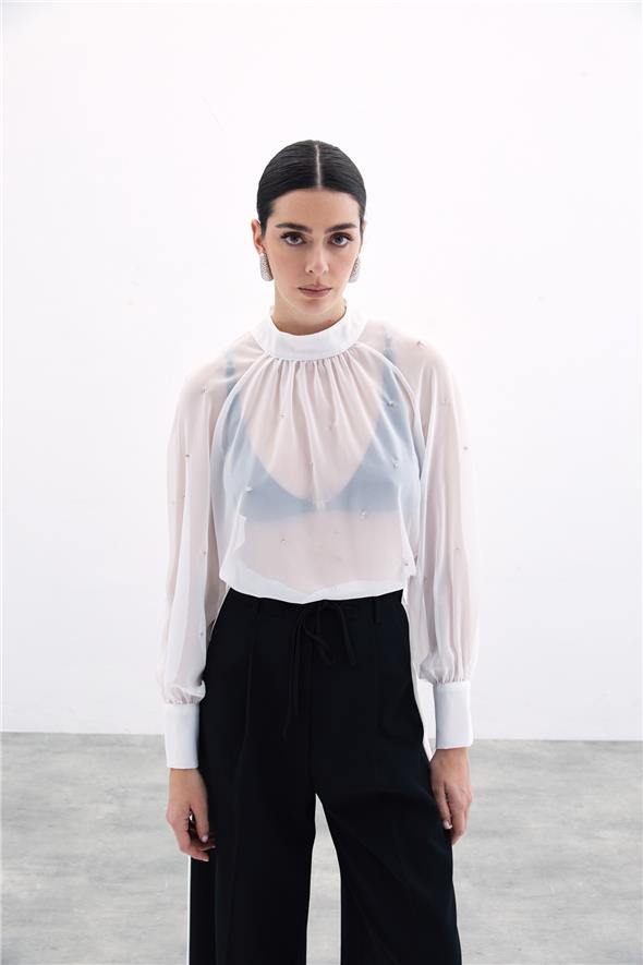 Taş Detaylı Transparan Bluz - Ekru