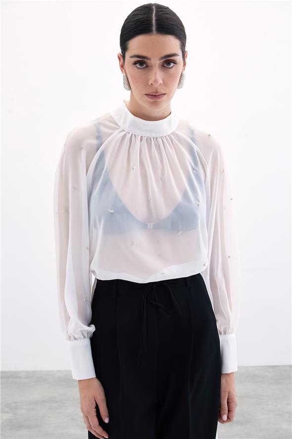 Taş Detaylı Transparan Bluz - Ekru