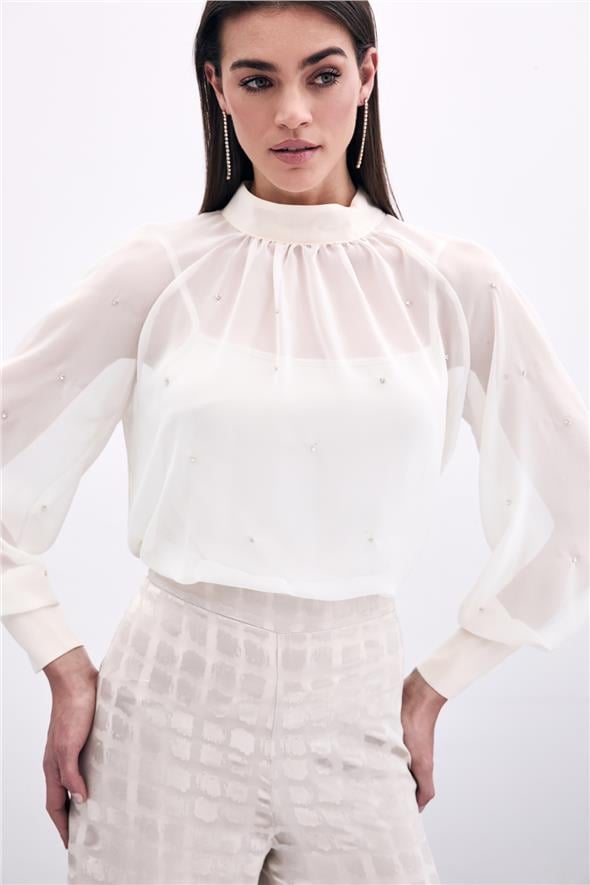 Taş Detaylı Transparan Bluz - Krem