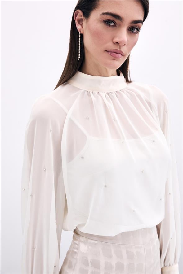 Taş Detaylı Transparan Bluz - Krem