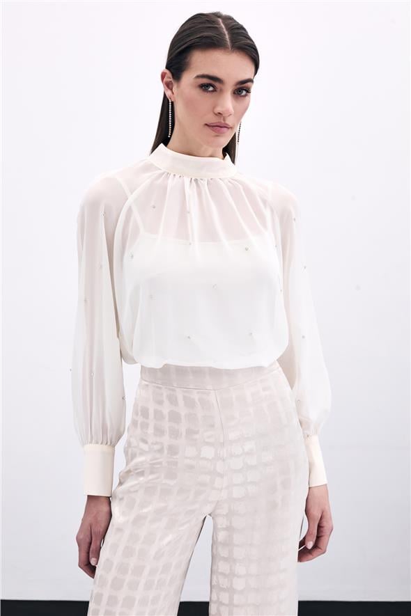 Taş Detaylı Transparan Bluz - Krem