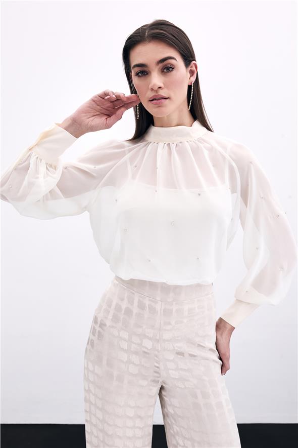 Taş Detaylı Transparan Bluz - Krem