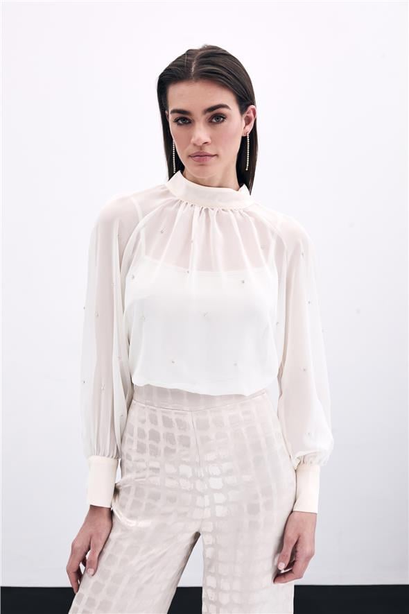 Taş Detaylı Transparan Bluz - Krem