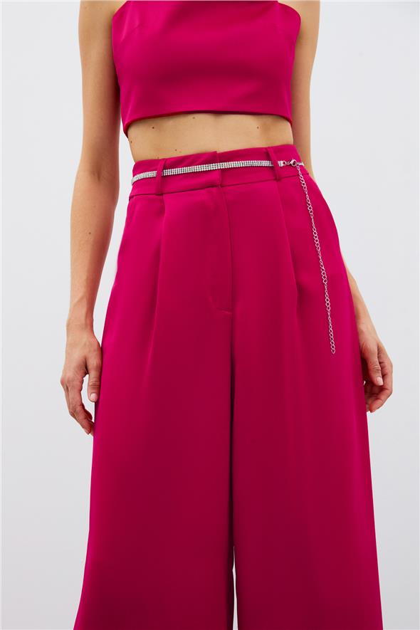 Taş Kemerli Saten Pantolon - Mercan