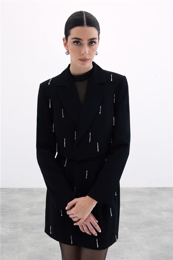 Taşlı Kısa Ceket - Siyah