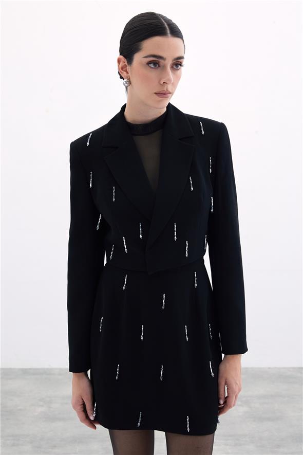 Taşlı Kısa Ceket - Siyah