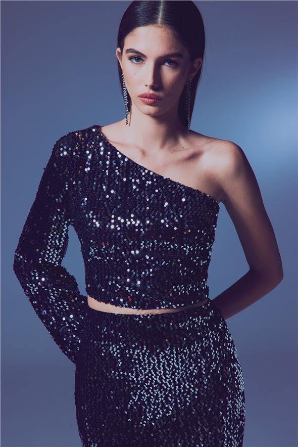 Tek Kollu Crop Bluz - Gümüş