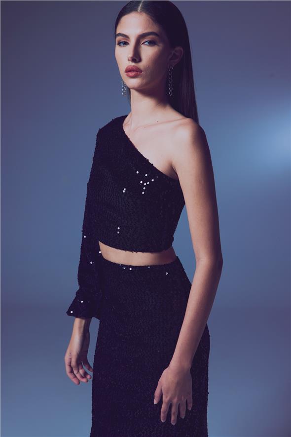 Tek Kollu Crop Bluz - Siyah