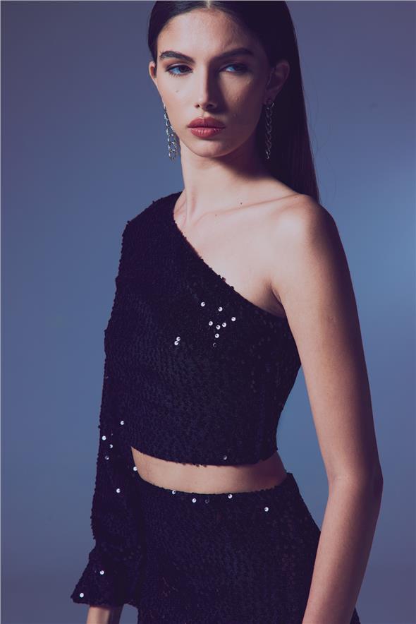 Tek Kollu Crop Bluz - Siyah