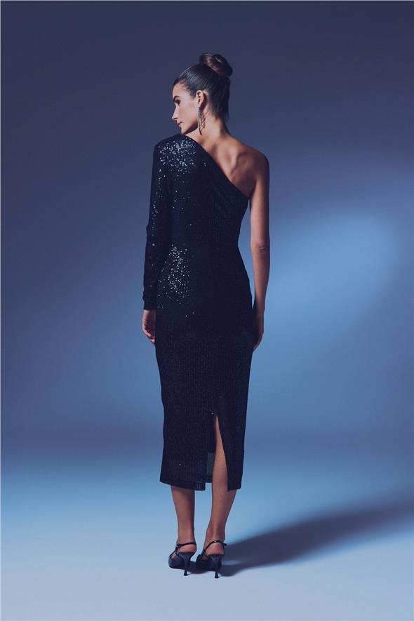 Tek Kollu Payet Elbise - Siyah