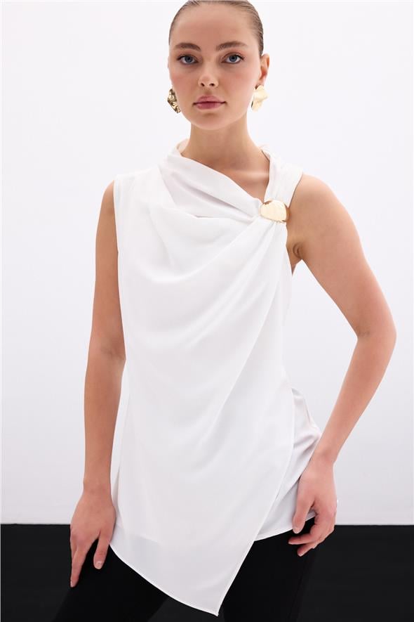 Tek Omuz Aksesuarlı Bluz - Ekru