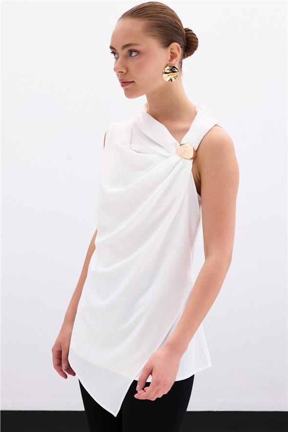 Tek Omuz Aksesuarlı Bluz - Ekru