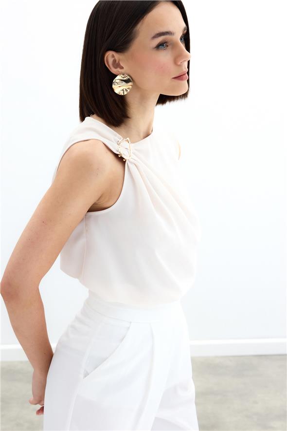 Tek Omuz Detaylı Bluz - Bej