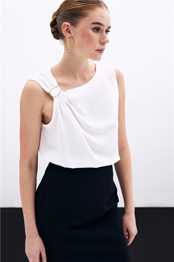 Tek Omuz Detaylı Bluz - Ekru