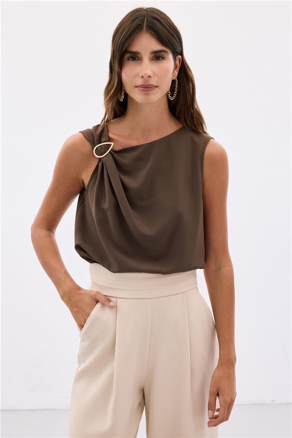 Tek Omuz Detaylı Bluz - Kahve