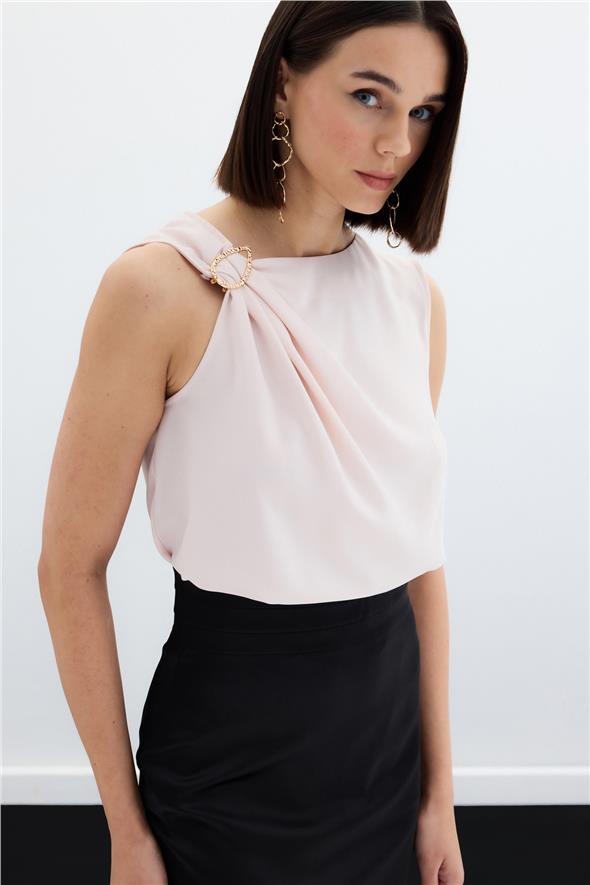 Tek Omuz Detaylı Bluz - Pudra