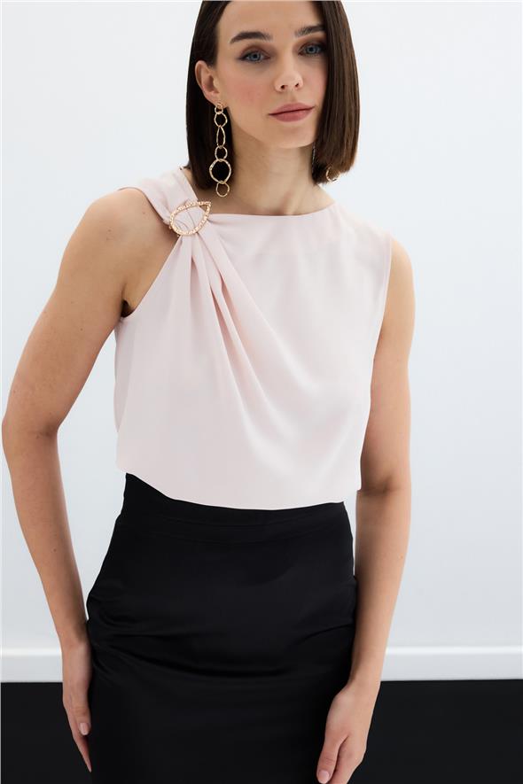 Tek Omuz Detaylı Bluz - Pudra