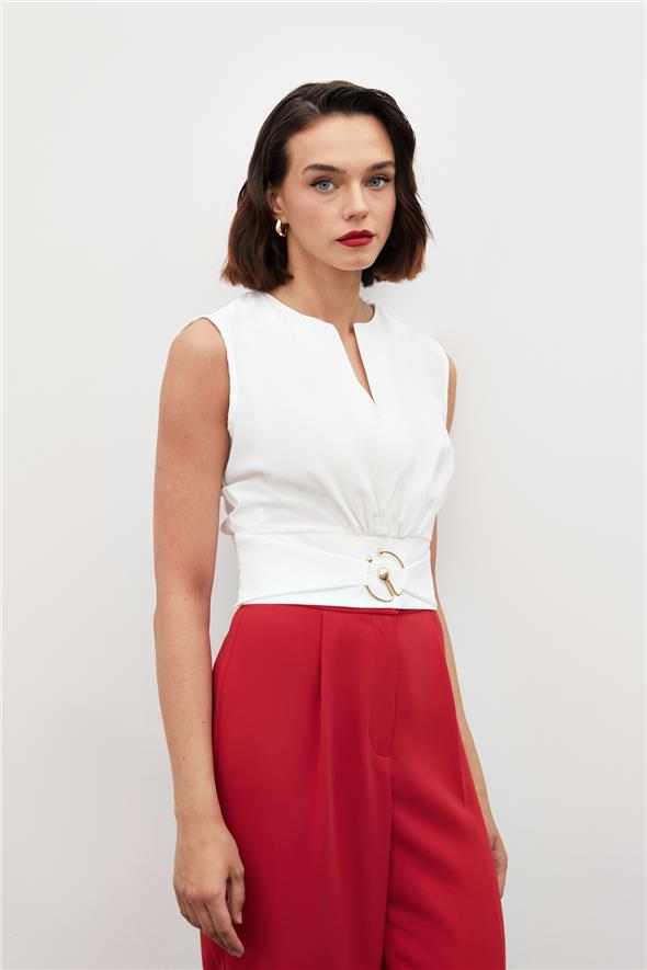 Toka Detaylı Kolsuz Bluz - Ekru