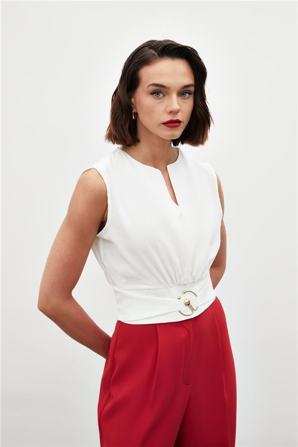 Toka Detaylı Kolsuz Bluz - Ekru