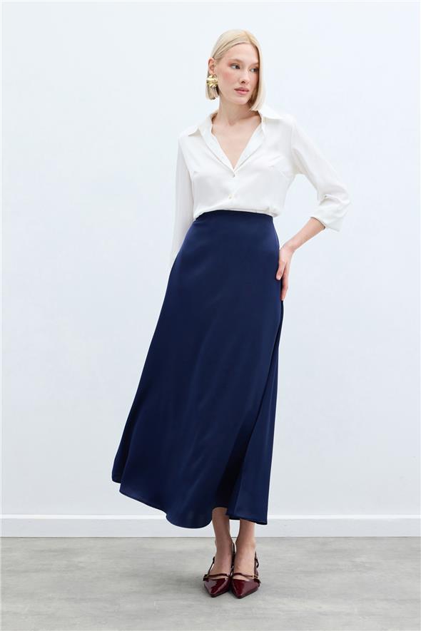 Uzun Saten Etek - Lacivert