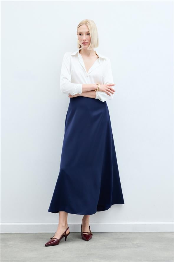 Uzun Saten Etek - Lacivert