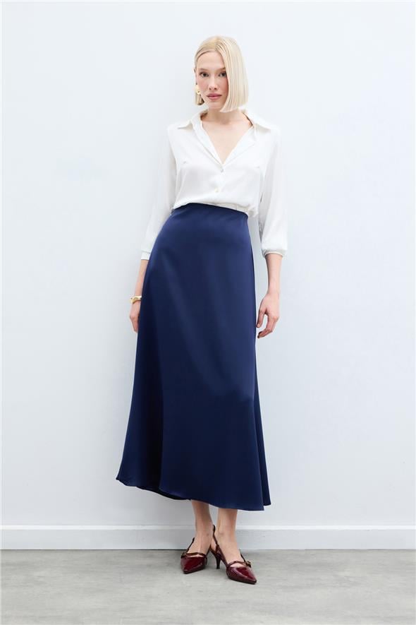 Uzun Saten Etek - Lacivert