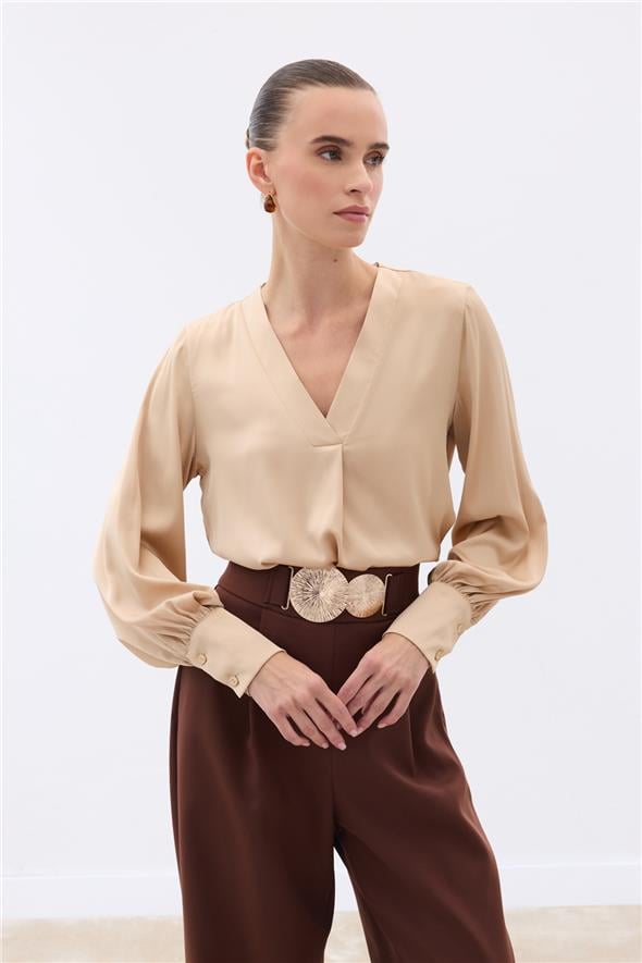 V Yaka Saten Bluz - Camel