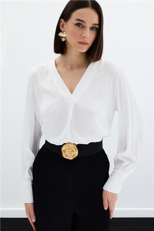 V Yaka Saten Bluz - EKRU