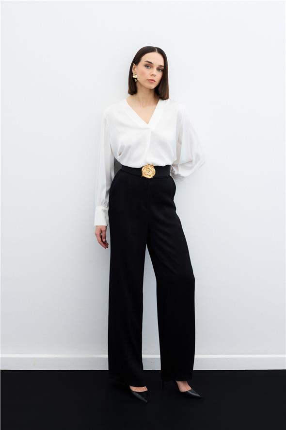 V Yaka Saten Bluz - EKRU