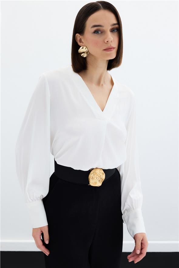 V Yaka Saten Bluz - EKRU