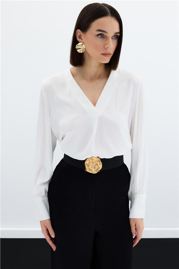 V Yaka Saten Bluz - EKRU