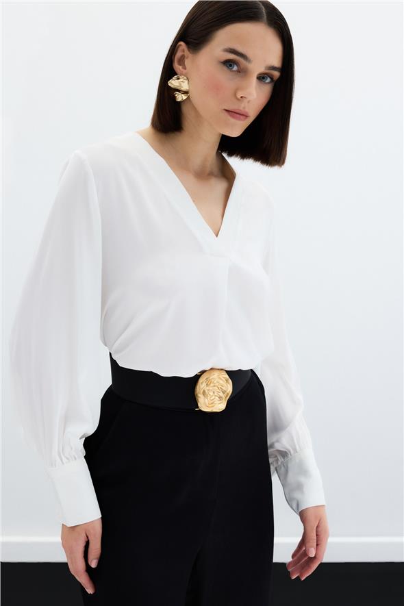 V Yaka Saten Bluz - EKRU