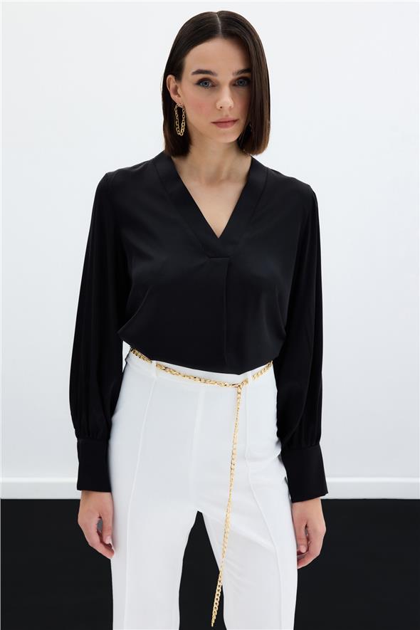 V Yaka Saten Bluz - SİYAH