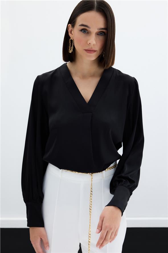 V Yaka Saten Bluz - SİYAH