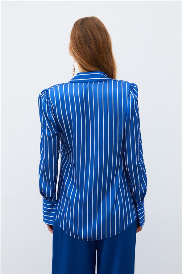 Vatkalı Çizgili Gömlek - Sax Mavi