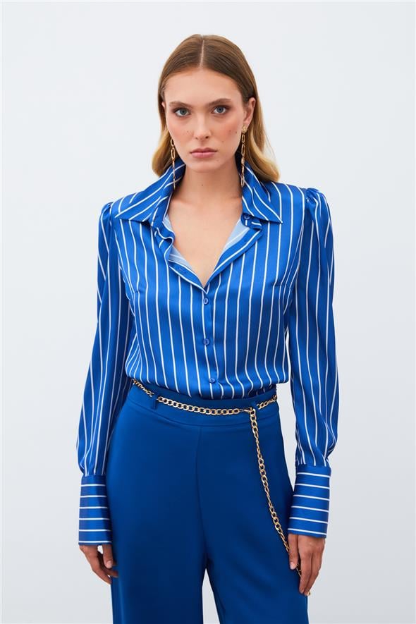 Vatkalı Çizgili Gömlek - Sax Mavi