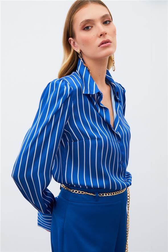 Vatkalı Çizgili Gömlek - Sax Mavi