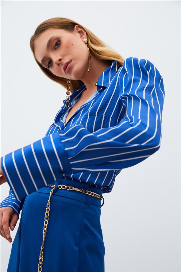 Vatkalı Çizgili Gömlek - Sax Mavi