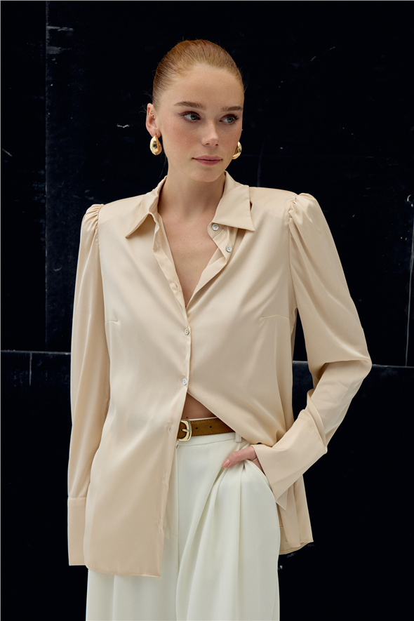 Vatkalı Saten Gömlek - Bej