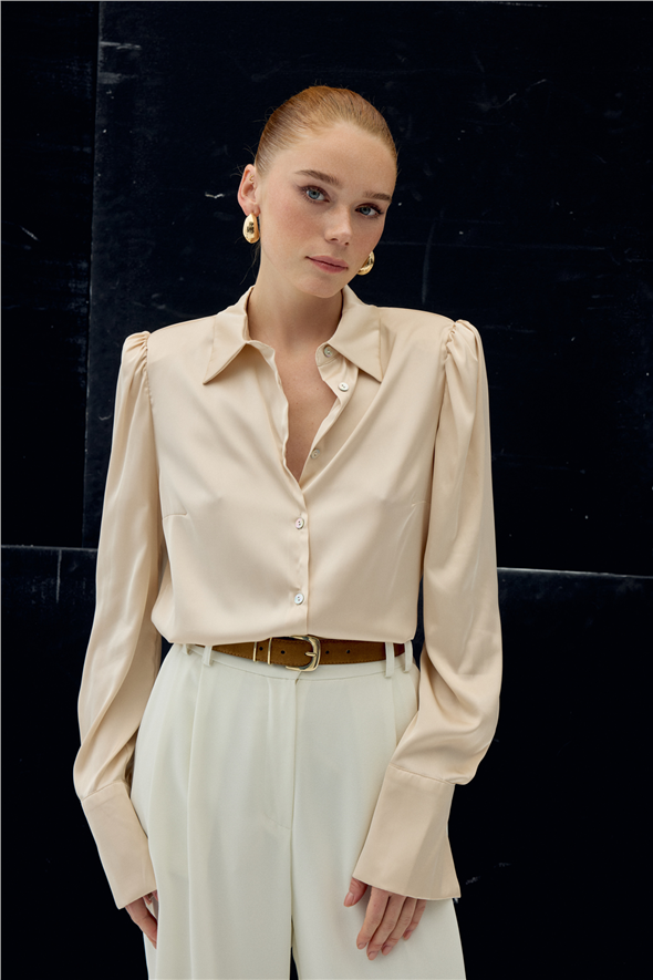 Vatkalı Saten Gömlek - Bej