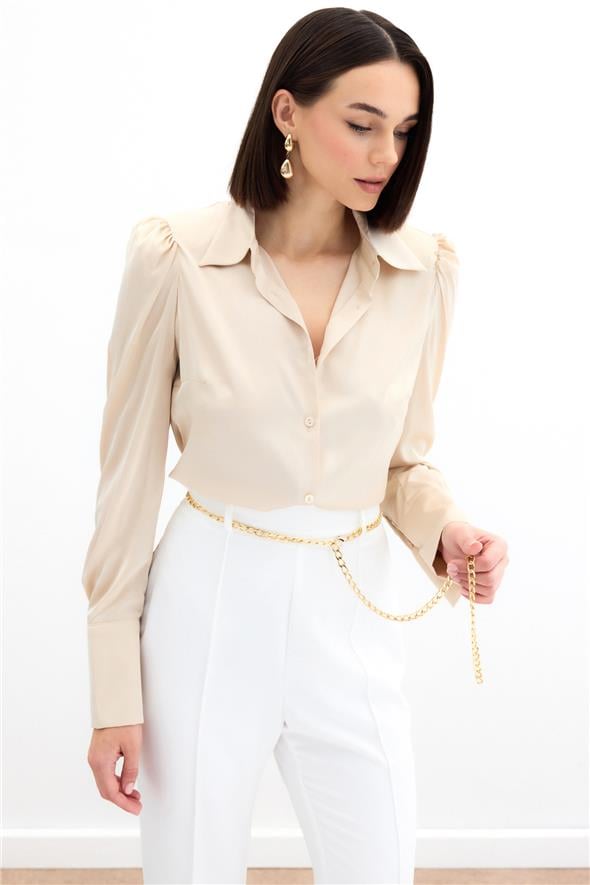 Vatkalı Saten Gömlek - Bej