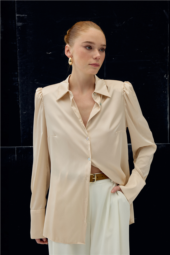 Vatkalı Saten Gömlek - Bej