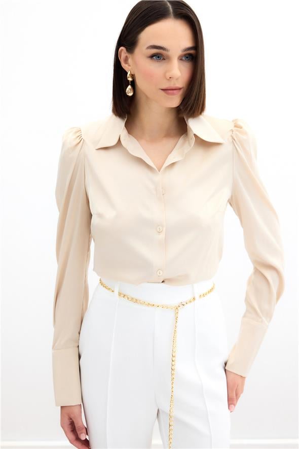 Vatkalı Saten Gömlek - Bej